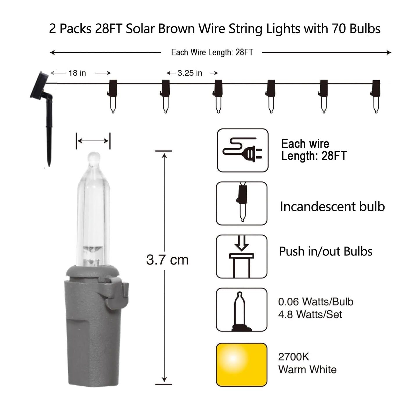 Vigdur Solar String Lights Outdoor - 2 Packs 28ft 70 Count String Lights on Brown Wire Cord, Solar Powered Christmas Lights for Patio Home Party Garden Decor