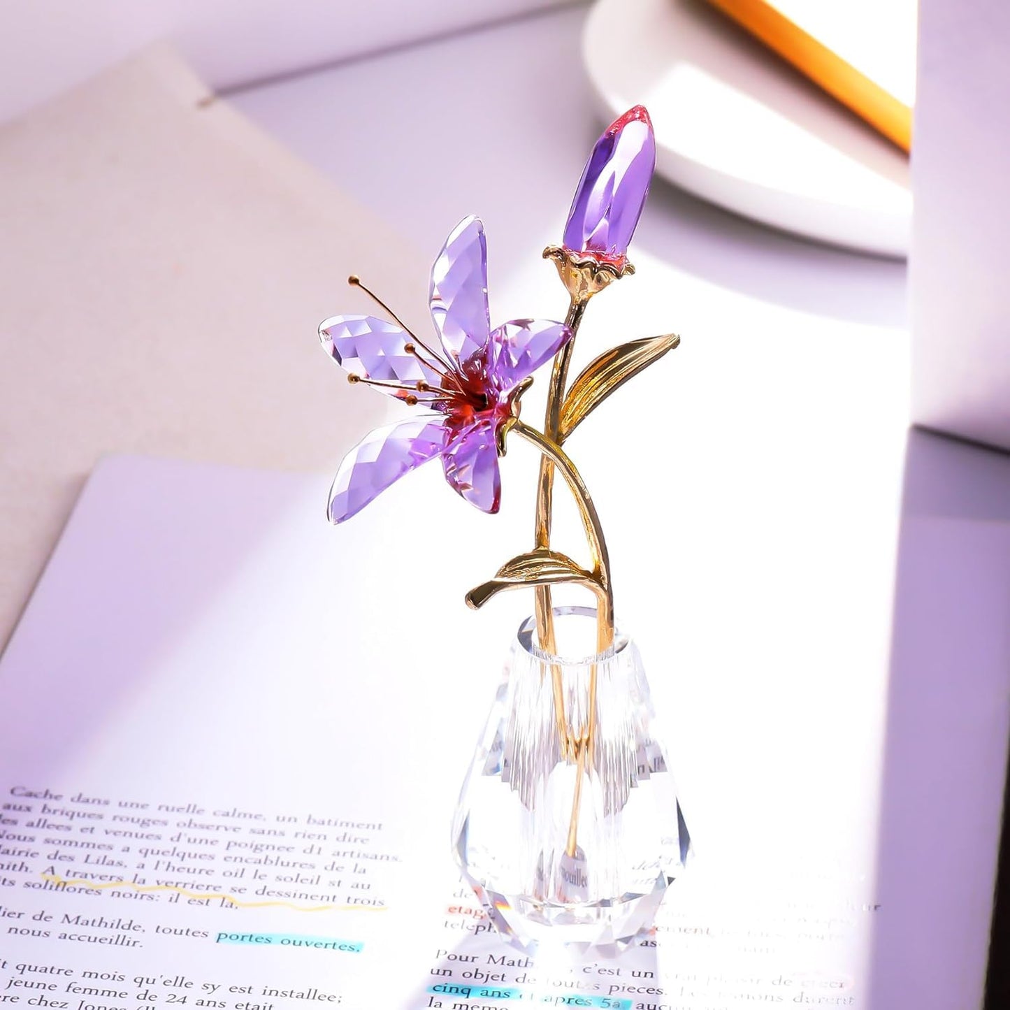Purple Crystal Lily Flower Figurine with Stems - Handmade Collectible Statue for Decoration Mothers Day Centerpiece Valentines Day Bridal Shower Gift