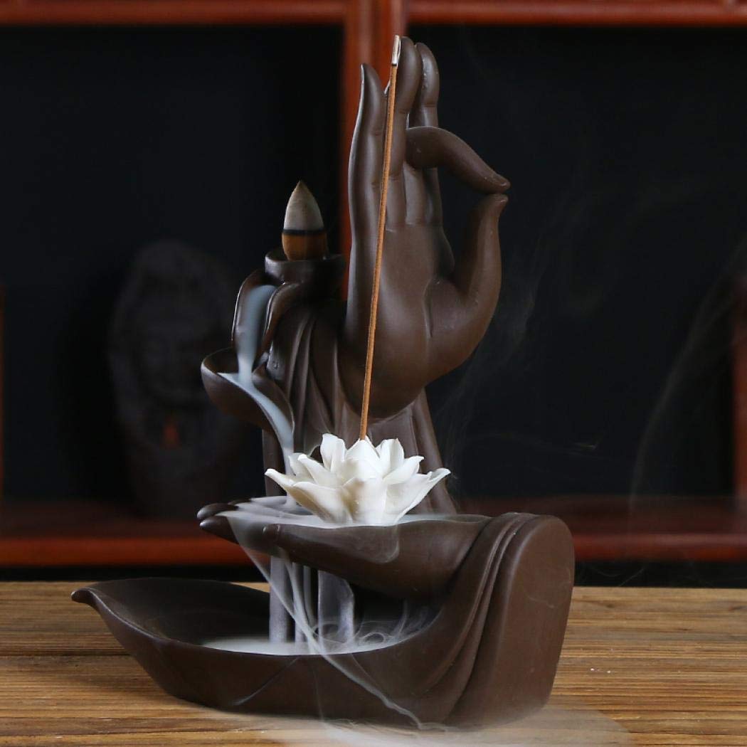 Backflow Incense Holder Burner Handmade Ceramic Incense Cones Sticks Holder Home Decor Waterfall Backflow Incense Burner Censer + 10 Backflow Incense Cones Gift (Lotus)
