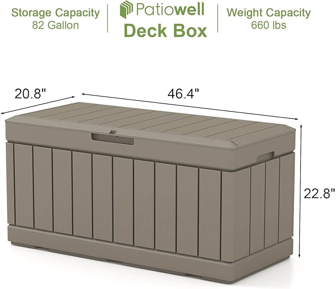 Patiowell 82 Gallon Resin Deck Box, Waterproof Large Wood Look Storage Box for Patio Furniture, Pool Accessories, Garden Tools and Sports Equipment, Lockable, Light Brown