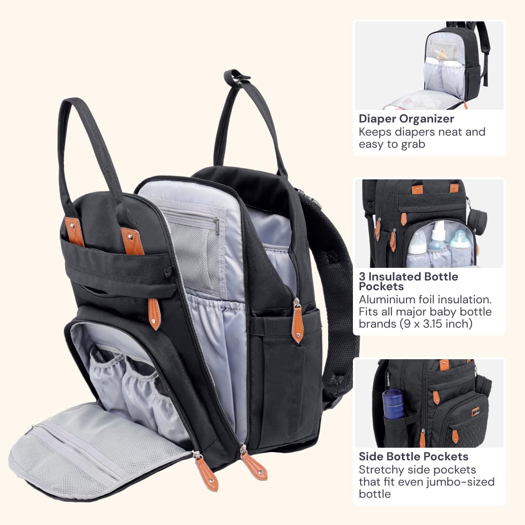 BabbleRoo Baby Changing Bag Backpack, Nappy Changing Back Pack Diaper Bags with Changing Mat & Pacifier Holder for Mom & Dad (Black)