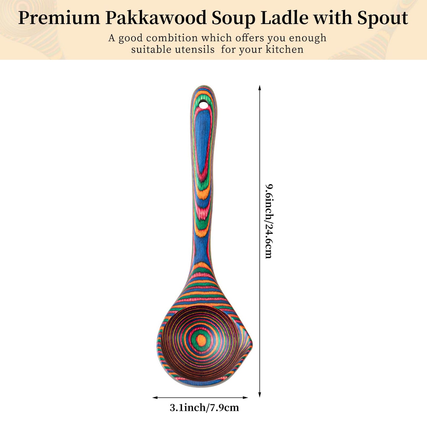 Gudamaye Pakkawood Rainbow Deep Soup Ladle with Spout, 9.6 inch Big Soup Ladle for Cooking