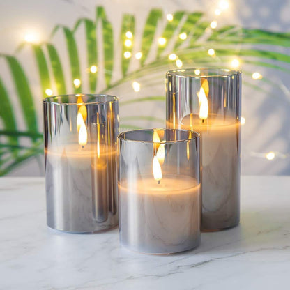 Eywamage Silver Grey Glass Flameless Flickering Candles with Remote, 3 Pack Realistic LED Fake Candles ∅ 3" H 4" 5" 6"