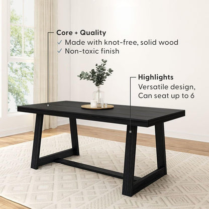 Plank+Beam 72 Inch Farmhouse Dining Table, Solid Wood Rustic Kitchen Table, Large Wooden Rectangular Dinner Table for Dining Room, Home Office, Living Room Furniture, Easy Assembly, Black Wirebrush