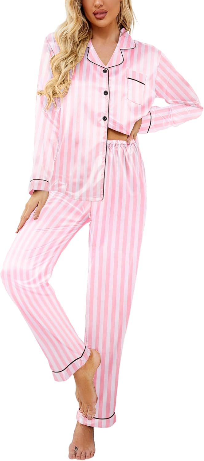 Ekouaer Women's Classic Button Down Long Satin Silk Pajama Set