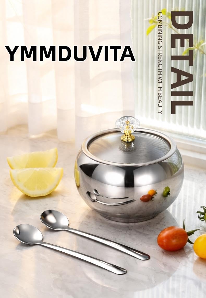 YMMDUVITA Stainless Steel Sugar Bowl with Lid & 2 Spoons, 500ml Container for Kitchen, Ideal for Storing Sugar, Coffee, and Spices