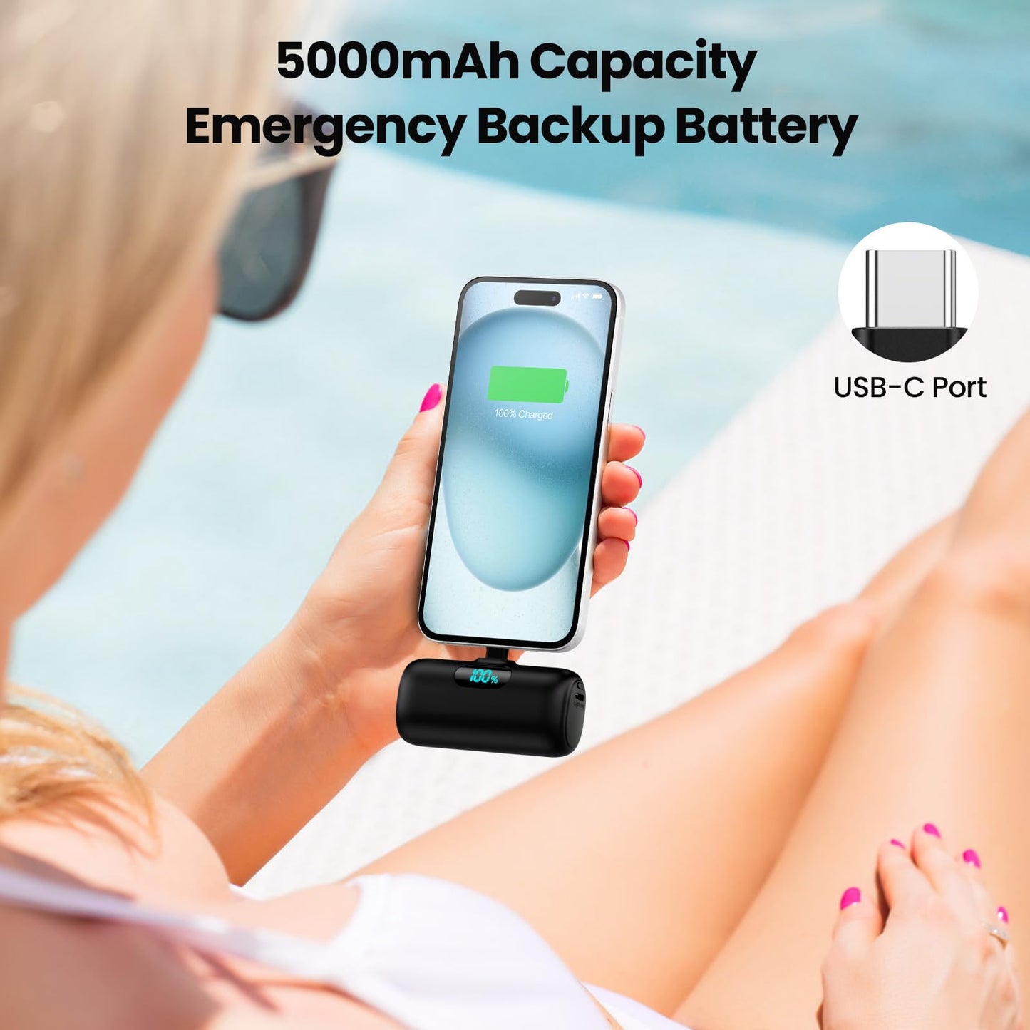 Mini Portable Charger USB C Power Bank,Upgraded 5000mAh PD Fast Charging Battery Pack Built-in USB-C Connector,LCD Display,Compatible with iPhone16,16 Plus,16Pro/Max/15,iPad Pro/Air,Android Phone etc