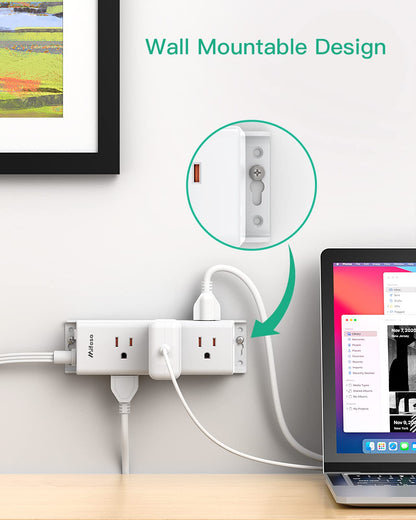 Surge Protector Power Strip - 9 Widely Spaced Multi Outlets, Wall Mount, 3 Side Outlet Extender with Extension Cord, Flat Plug, Overload Protection, Home Office Dorm Room Essentials (5FT, White)