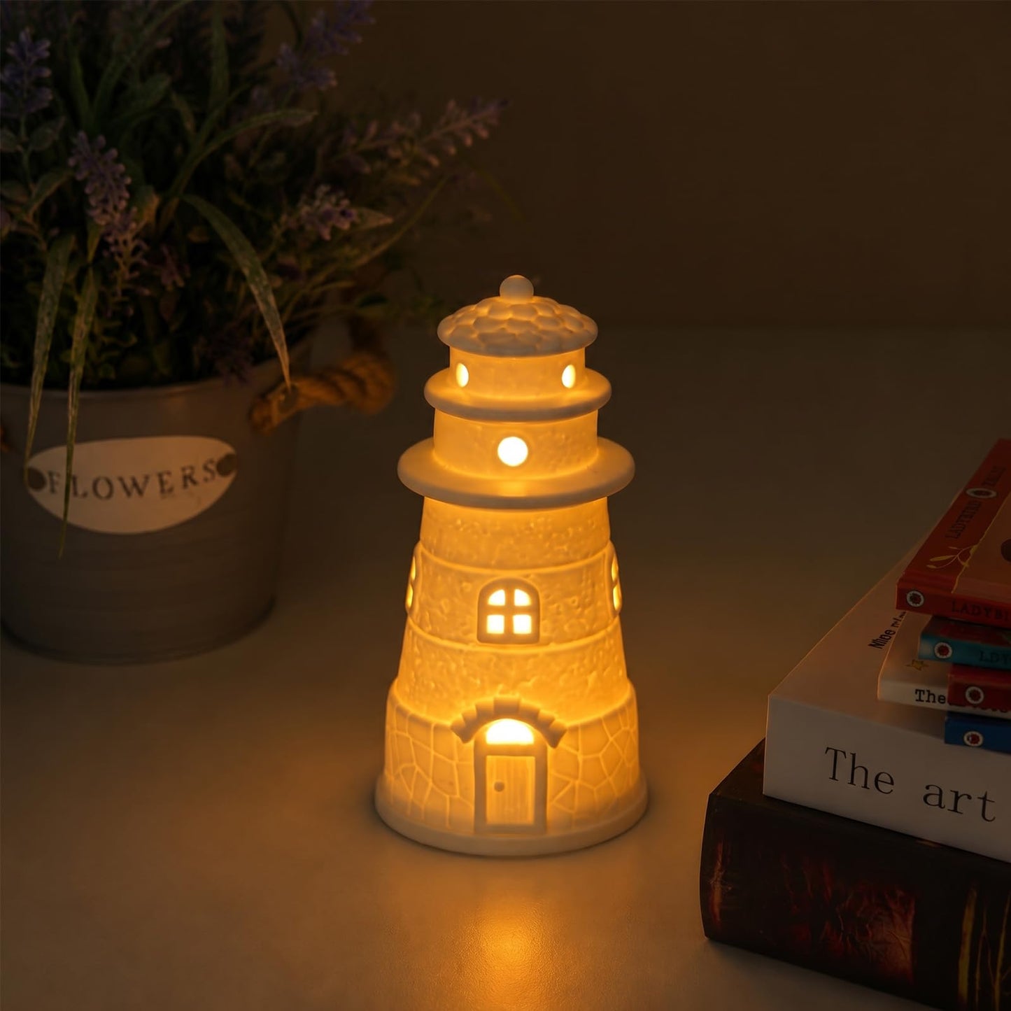 ROSYCOUD White Ceramic Lighthouse Statue Lamp - Light House Book Shelf Decor Aesthetic,Beach Themed Room Decor,Nautical Coastal Ocean Decoration for Home Bedroom Bathroom Living Room