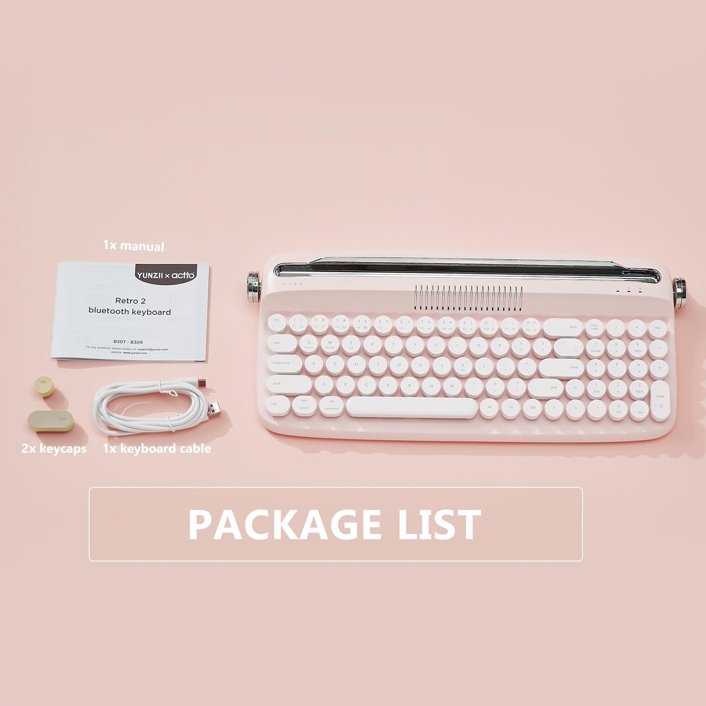 YUNZII Upgraded Wireless Typewriter Keyboard,with Retro Integrated Stand,USB-C/Bluetooth,Cute Round Keycaps, USB-C/Bluetooth Connection for Table, Phone, PC and Win/Mac/Android (B309, Baby Pink)