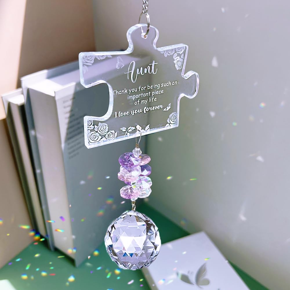Love Aunt Gifts, Aunt Birthday Gifts from Niece, Engraved Crystal Puzzle Piece Suncatcher, Sun Catchers for Windows Hanging Decoration