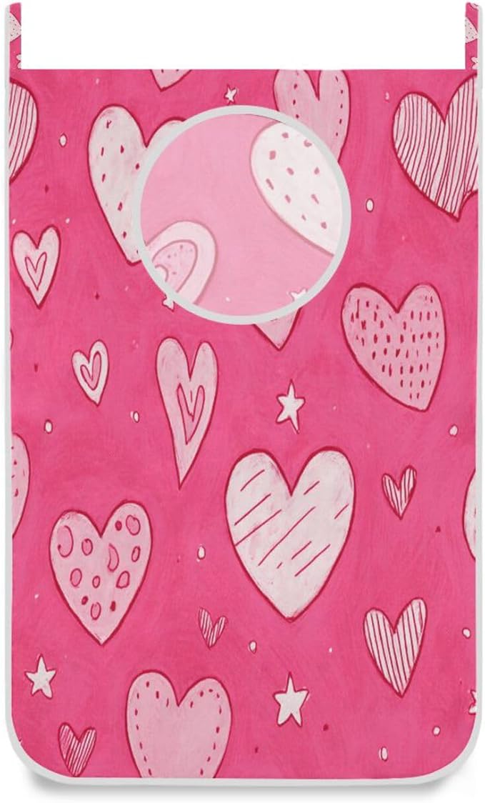 Hot Pink Hearts Stars Hanging Laundry Hamper Door Hampers Bag Basket