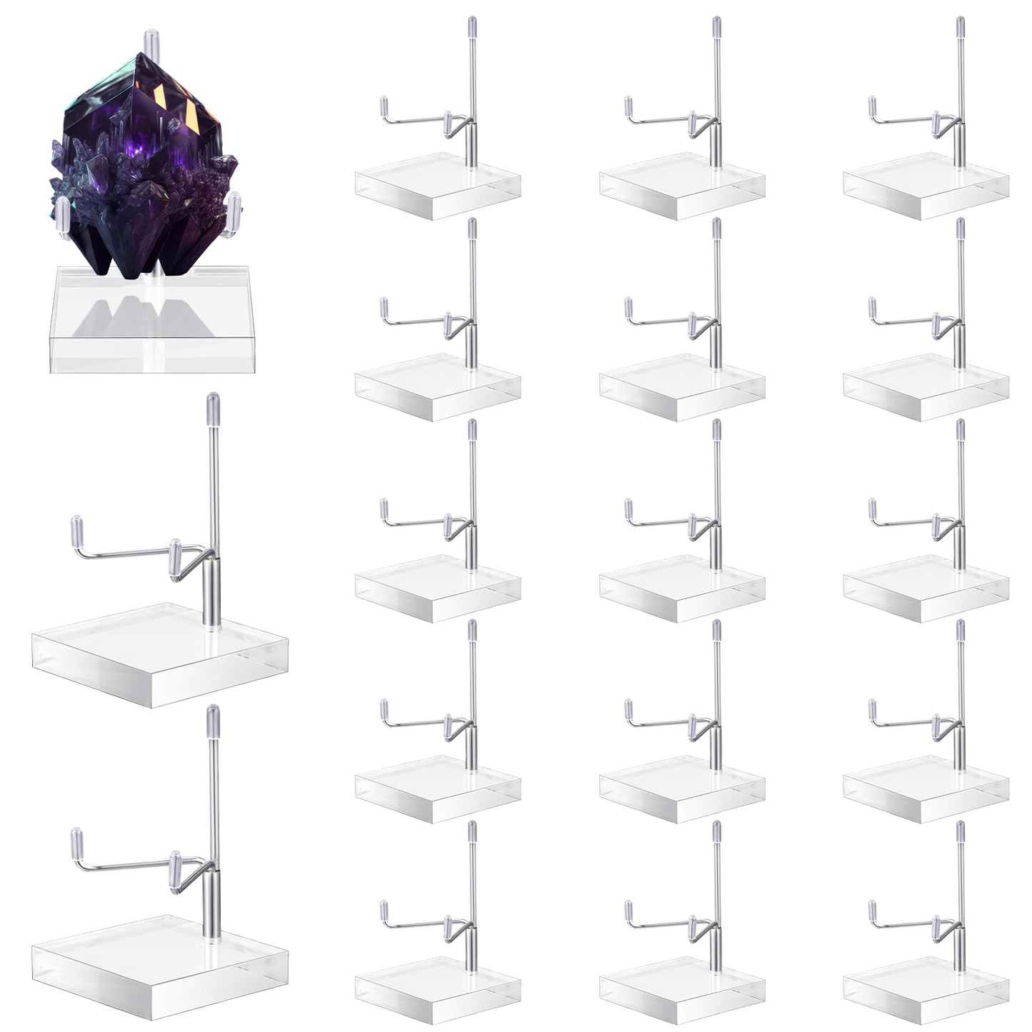 RattanView 16 Pcs Crystal Holder Easel Display Rock Display Stand with Acrylic Base Easel Mineral Adjustable Metal Arm Stand for Gemstone Fossils Geodes Mineral Agate Collection(Silver)