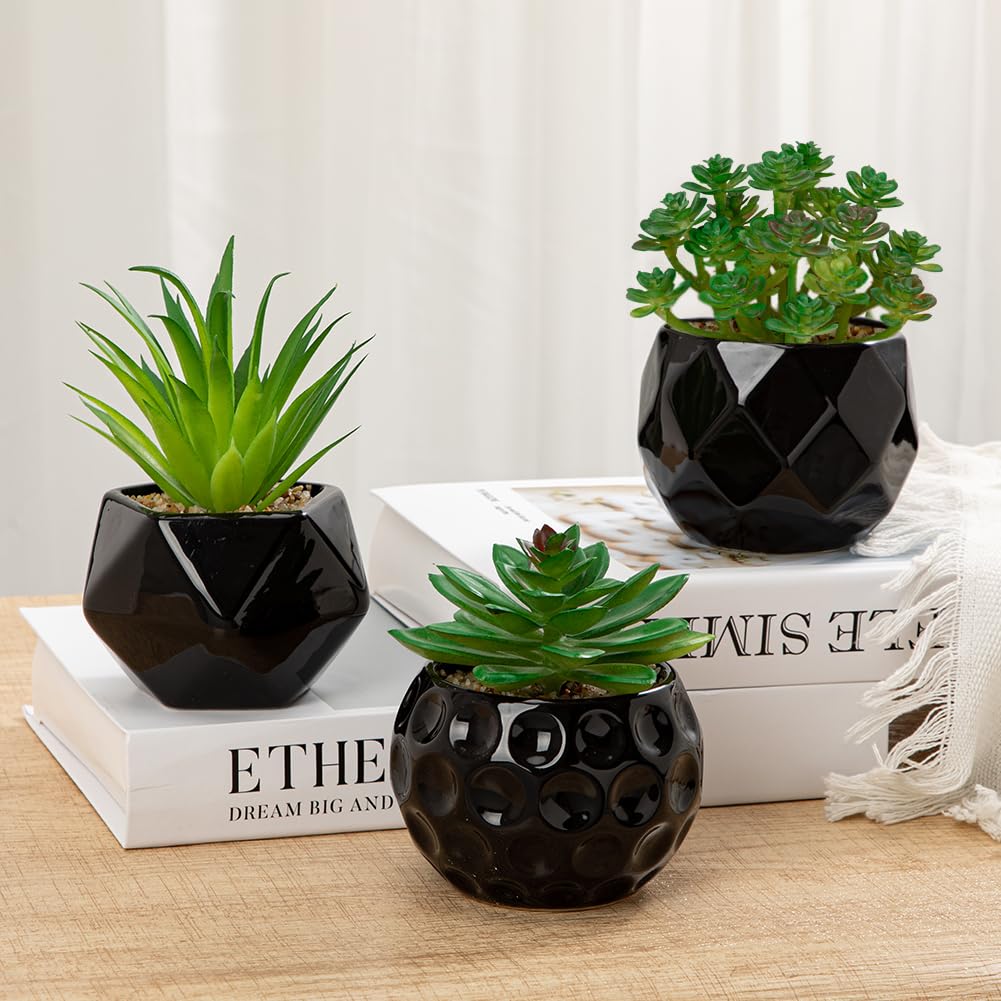 Briful Artificial Succulents Plants in Ceramic Pots, 3 Pack Faux Succulent Set with Black Geometric Planters – Modern Desk Decor for Home Office Shelf Bathroom, Small Fake Plants Potted