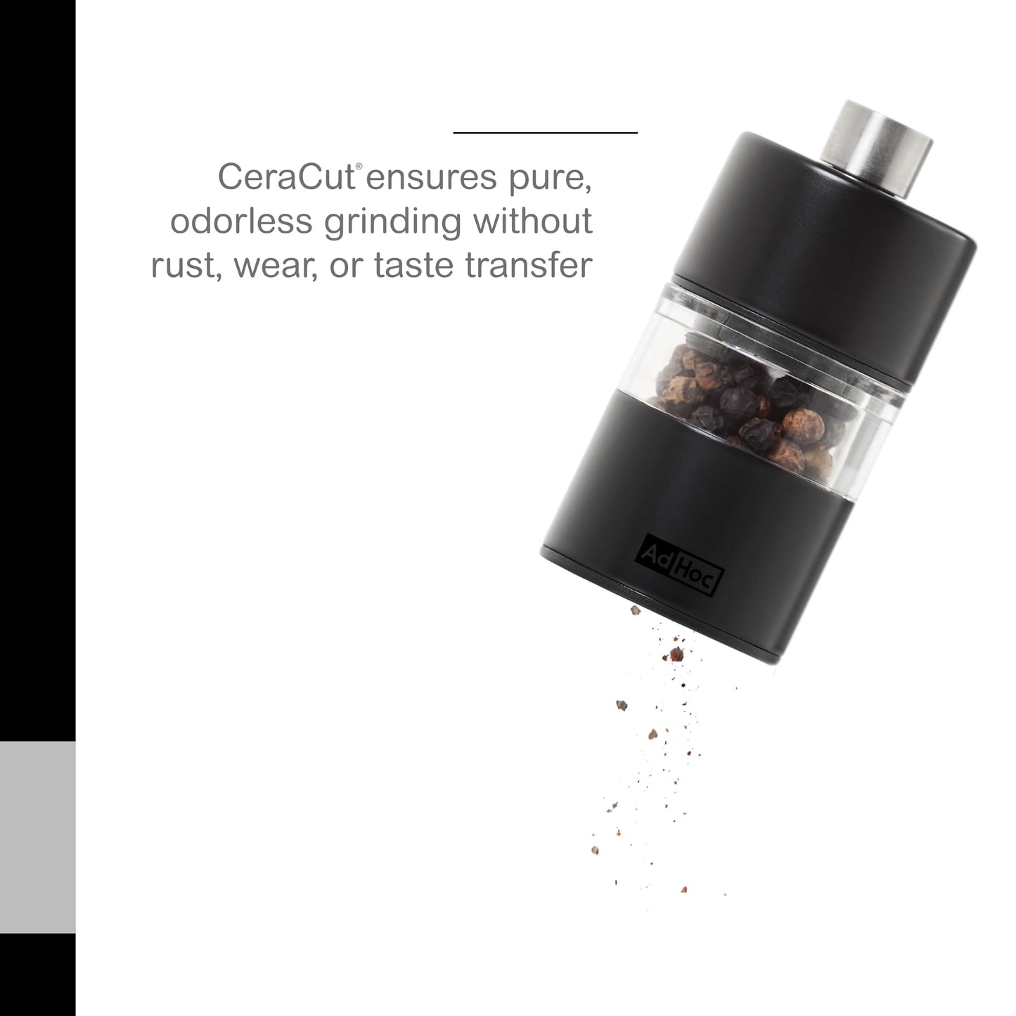 AdHoc Mini Salt & Pepper Mill - 2-in-1 Refillable Salt & Pepper Grinder Set - Features Adjustable Mechanism & Ceracut Ceramic Grinder (Black)