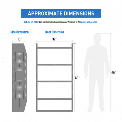 AA Products SH-6003 Steel Mid/High Roof Van Shelving Storage System Fits Transit, NV, Promaster and Sprinter, Van Shelving Units, 32''W x 60''H x 13''D