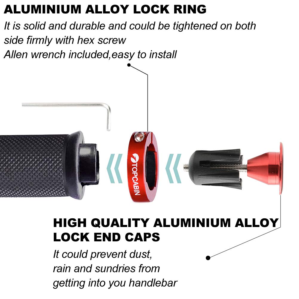 TOPCABIN Bicycle Grips,Double Lock on Locking Bicycle Handlebar Grips Rubber Comfortable Bike Grips for Mountain BMX ((Aluminum Lock Plug) Red 1 Pair)