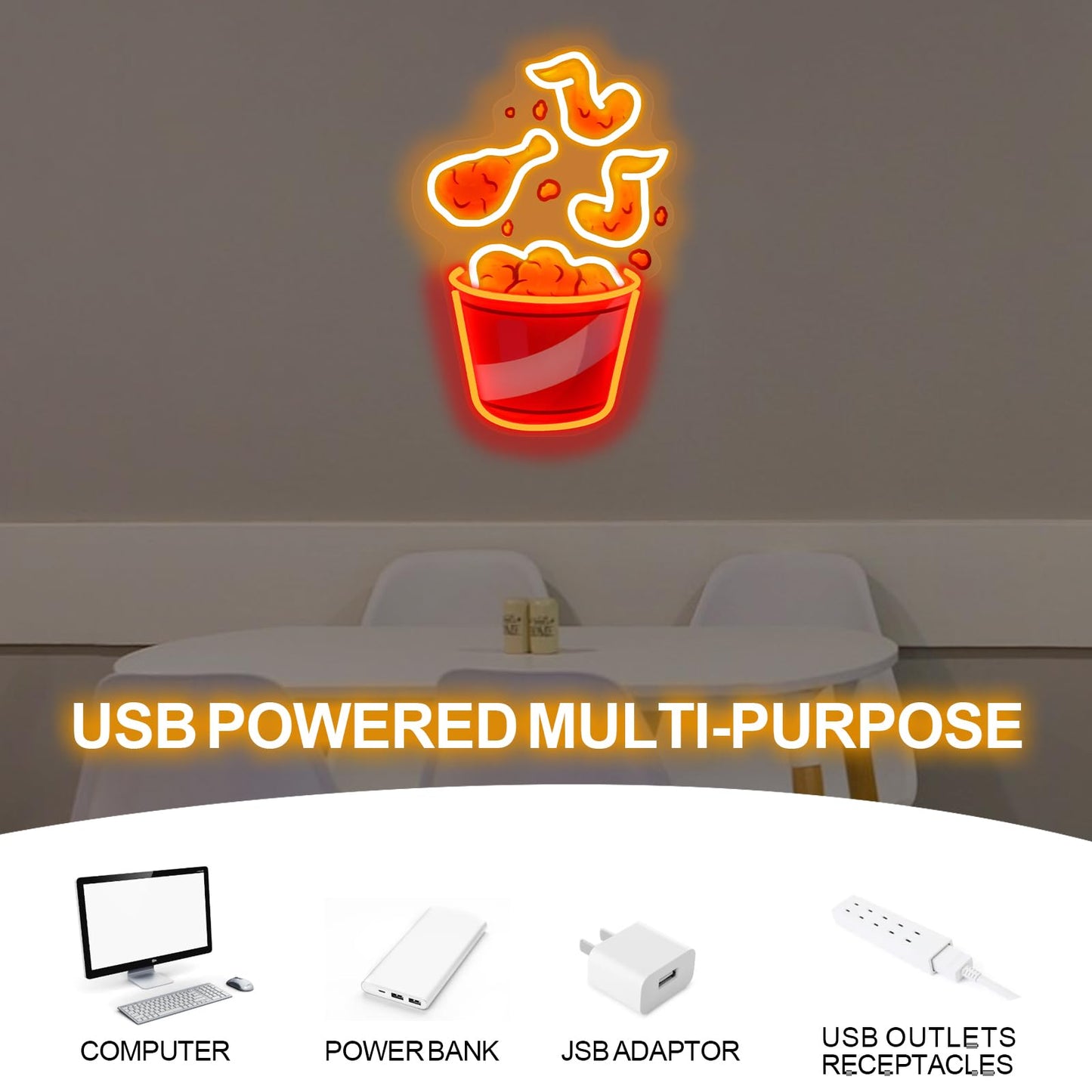 Fried Chicken Neon Sign, Chicken Led Light USB Powered Dimmable LED Sign for Street Food Neon Light, wall light retro, fast food sign, decor bar, fried chicken sign, Food Signs for Buffet
