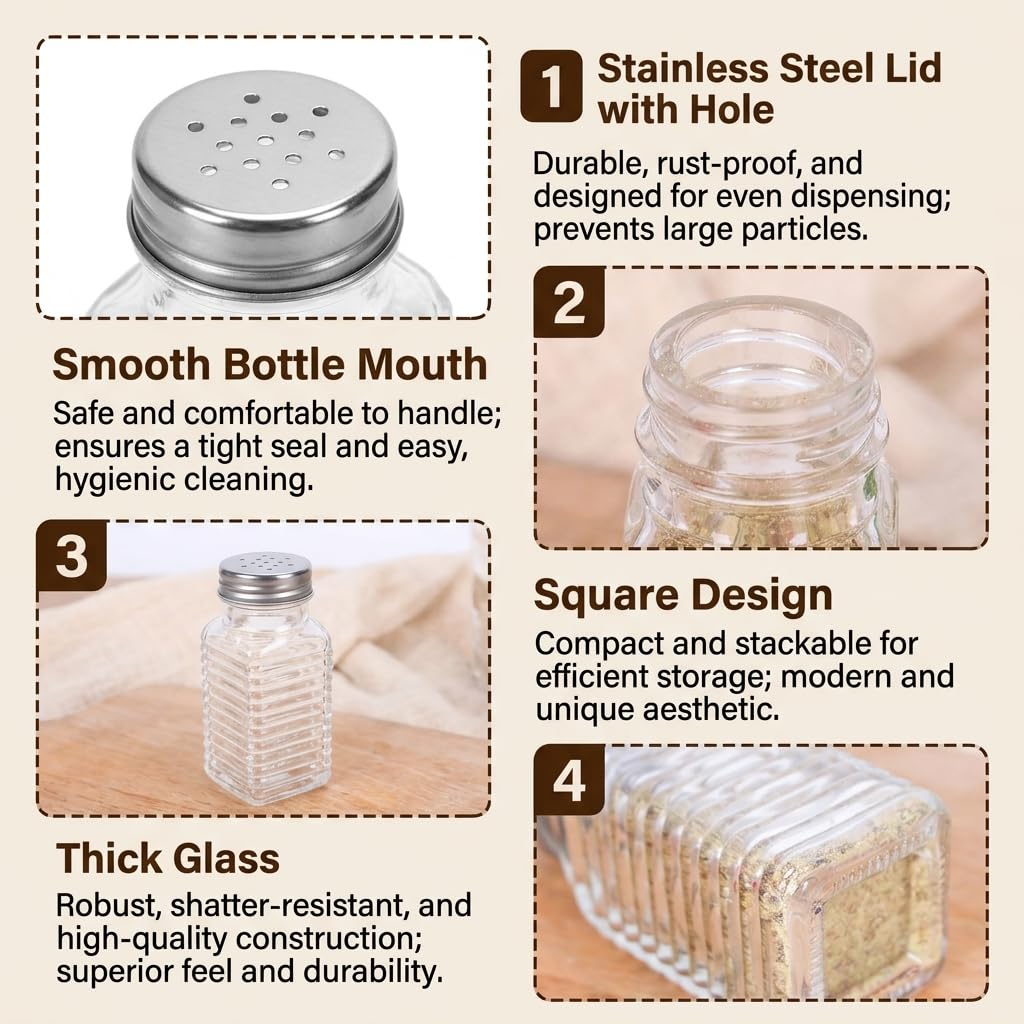 WUWEOT 30 Pack Salt and Pepper Shakers, 3.3oz Glass Shakers Spice Jar with Metal Lids for Salt, Pepper, Spices, Seasonings, Restaurant & Home Kitchen Supplies
