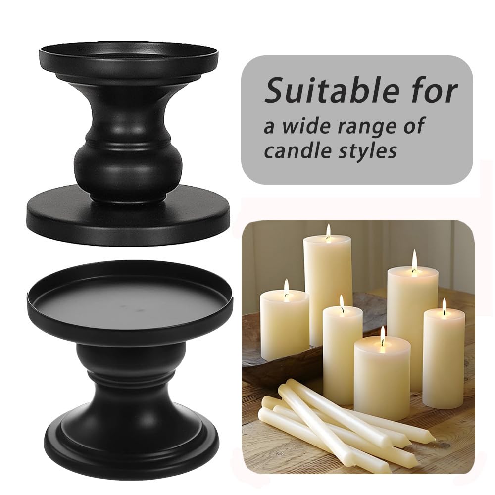 Matte Black Iron Pillar Candle Holders - Set of 2 Candlestick Holders, Metal Candle Holder for Pillar & Taper, Table Mantle Fireplace Farmhouse Home Decor