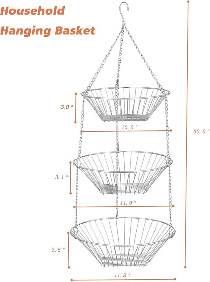3-Tier Wire Fruit Hanging Basket 2 Packs, non-Punching Wall Hanging Storage