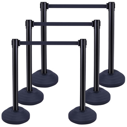 6PACK BESEA Crowd Control Stanchions with 10 FEET Retractable Belts, Water Filled Base Weighted Barriers Black Post