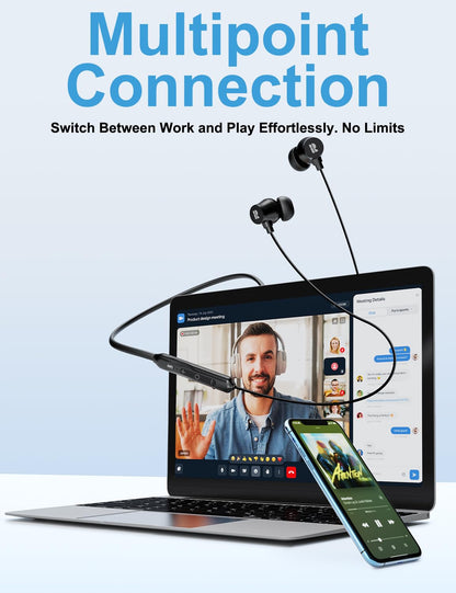 Active Noise Cancelling Headphones, Wireless In Ear Neckband Bluetooth Headphones with 3 AI Mics ENC, 60Hrs Playtime, V5.3 Magnetic Earbuds, Multipoint Connection Earphones for Work/Travel/Home/Office