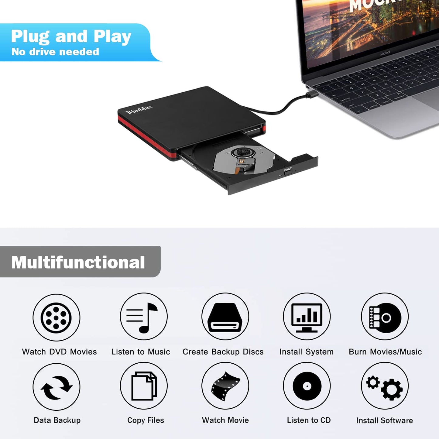 Rioddas External CD Drive, USB 3.0 Portable CD/DVD +/-RW Drive Slim DVD/CD ROM Rewriter Burner for Laptop Desktop PC Windows and Linux OS Apple Mac Macbook Pro