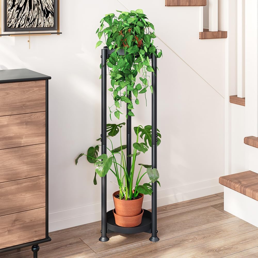 YIZAIJIA Plant Stand Indoor Outdoor Corner Tall 2 Tier Metal Tiered Single Small Plant Stands Sturdy Shelf for Living Room Balcony Garden,Black