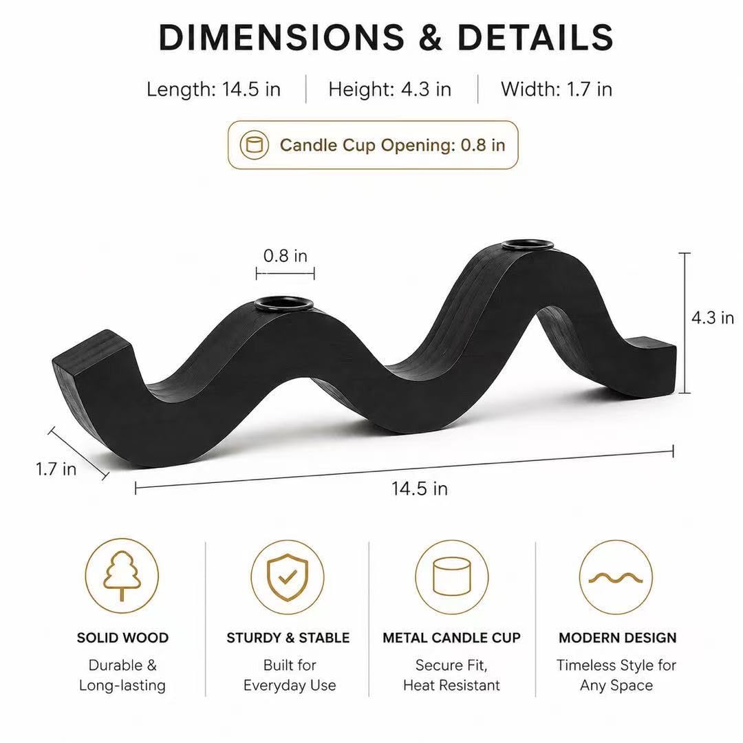 Remenna Balck Taper Candle Holder Modern Wave Candlesticks Wooden Decorative Centerpiece Candle Stands for Table Mantel Wedding Housewarming Gift
