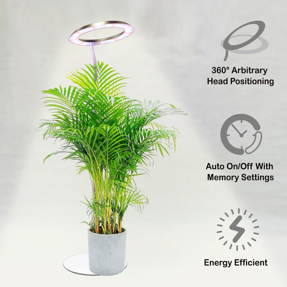 Qux 10” Halo Pro Grow Light,Full Spectrum LED Freestanting Plant Grow Lamp with 3 Kind of Light Colors switchover & 10-Level Dimmable,Auto On Off Timing 4/8/12Hrs for Indoor Larger Plants (Gold)