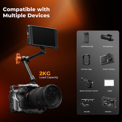 K&F CONCEPT 9.8" Magic Arm Clamp Kit with 1/4" & 3/8" Thread Screw 360° Ball Heads Articulating Magic Arm Camera Mount for Monitor, Flash, LED Light, Microphone, Camera Cage, Action Camera