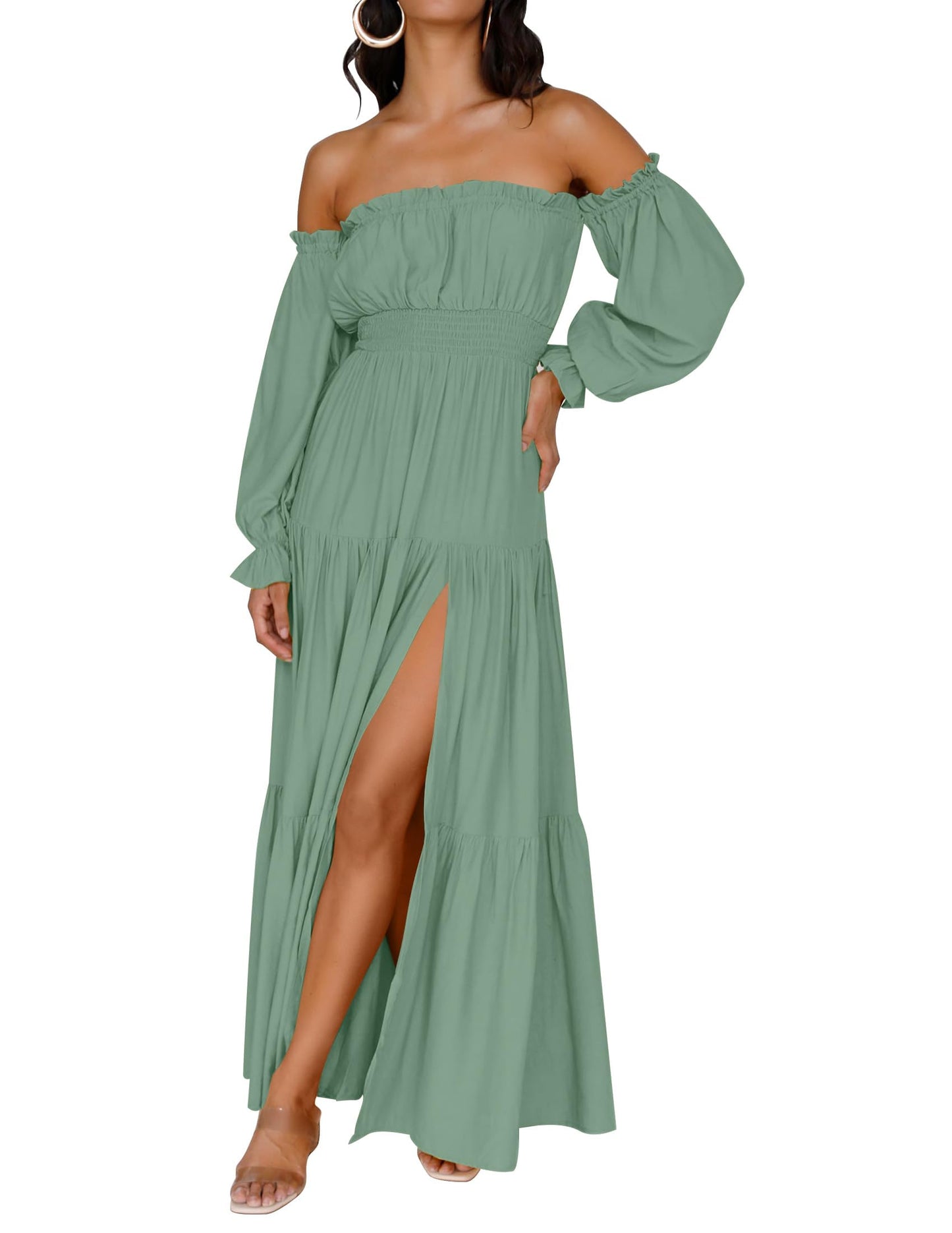 ZESICA Women's 2025 Boho Sexy Off Shoulder Long Sleeve Smocked High Waist Side Split Flowy A Line Tiered Long Maxi Dress