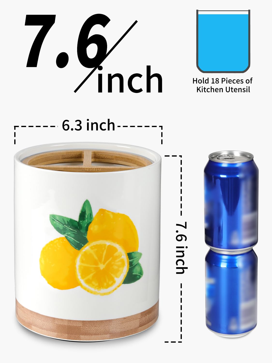 HAPPY KIT 7.6″ Extra Large Kitchen Utensil Holder Porcelain 360° Rotating Utensil Holder for Kitchen Counter with 3 Removable Compartment, Housewarming Gift & Farmhouse Decor (Lemon)