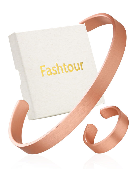 Fashtour Pure Copper Bracelet and Ring Set – Copper Bracelet for Men & Women – 100% Solid, Raw & Uncoated Handmade Hammered Tibetan Cuff Bangle (copper024)