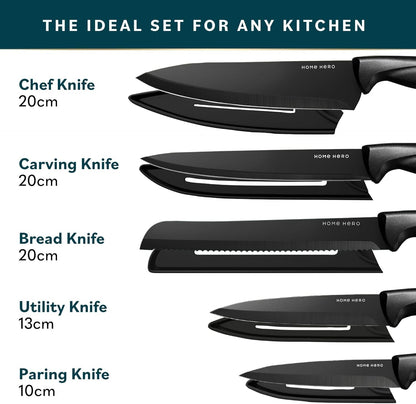 Home Hero Ultra-Sharp Stainless Steel Kitchen Knife Set - Chef Knives Set (5 pcs Set - Black with Sheath)