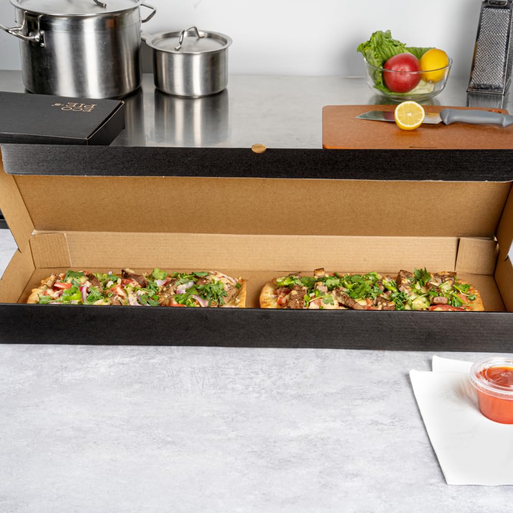 Restaurantware Eco Pie 24 x 12 x 2 Inch Flatbread Takeaway Boxes 50 Sturdy Corrugated Pizza Boxes - E-Flute Design Tab-lock System Black and Kraft Paper Pizza Boxes Disposable For Flatbreads