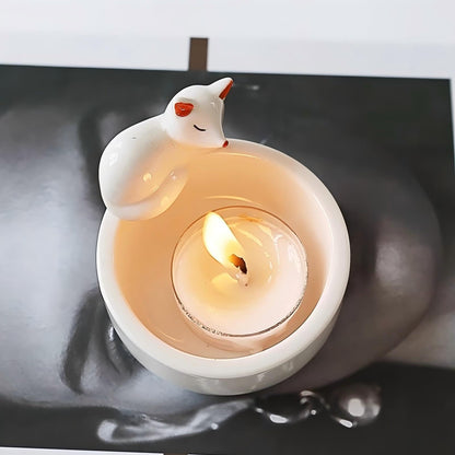 WARMCITY Handmade Animal Candle Holder, Lovely Kitten Canlestick Holder, Cartoon Figures Warming Its Paws Cute Light Holder for Candle Lovers- Candle NOT Included (Fox Red)