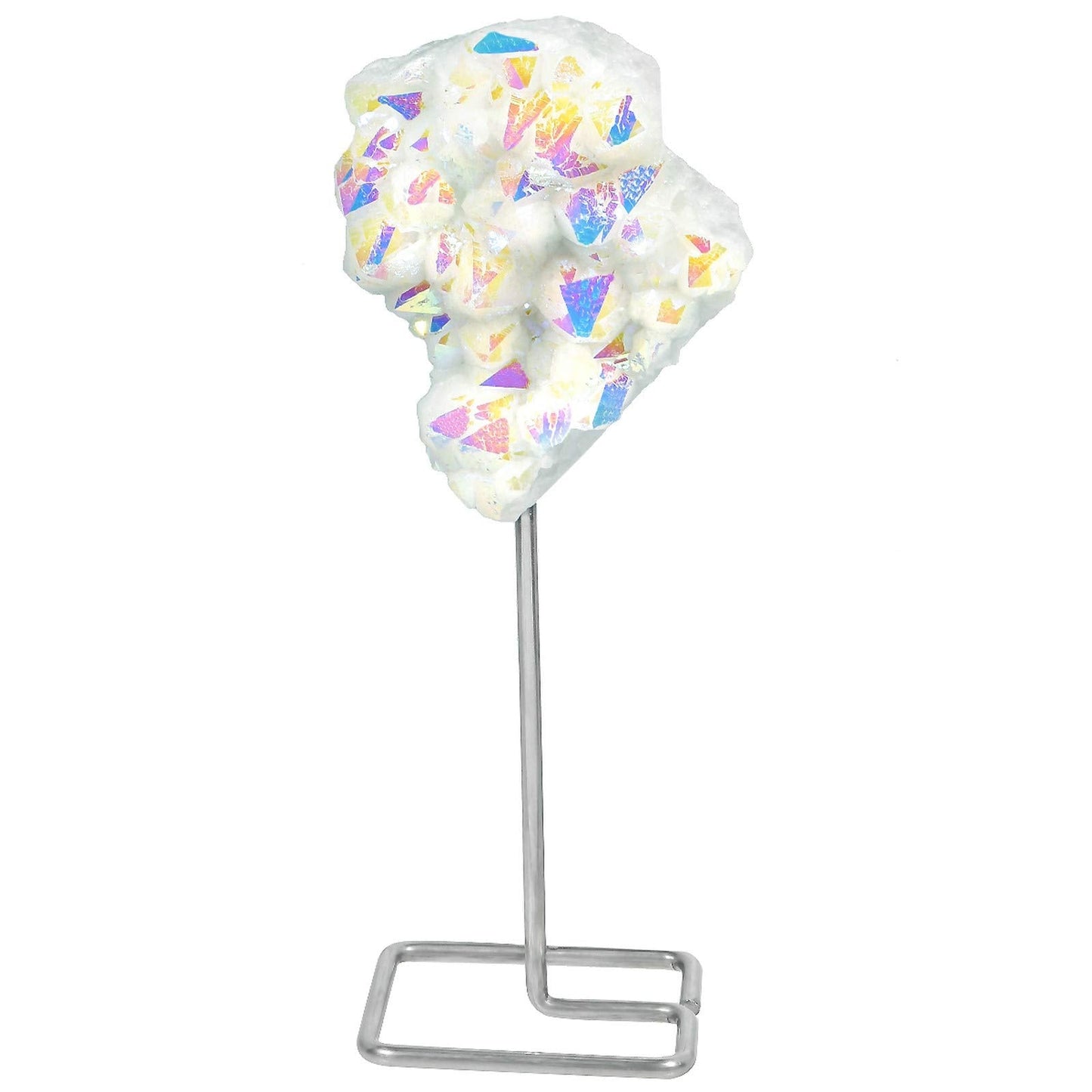 Amogeeli Titanium Coated Rock Crystal Home Decor on Metal Stand, Angel Aura Quartz Cluster Specimen