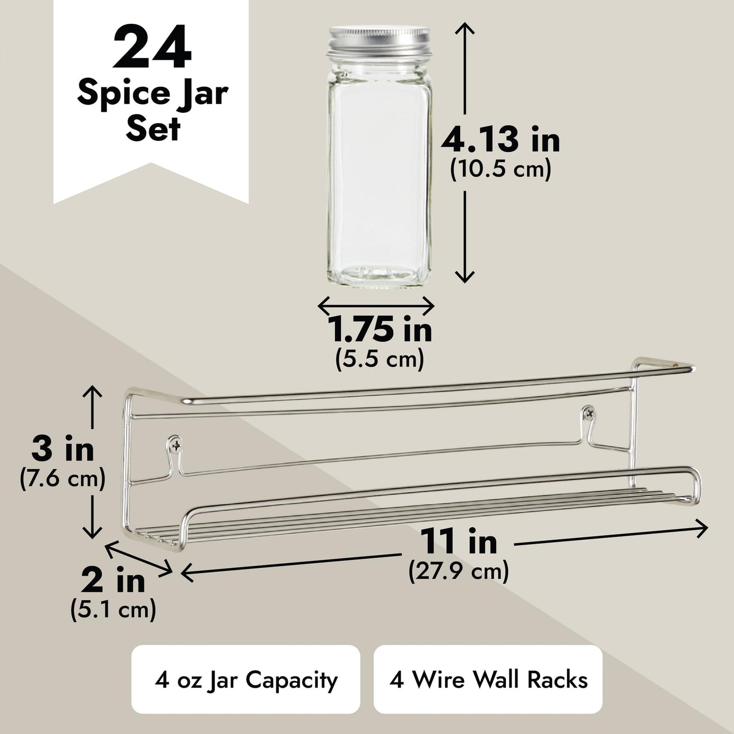 Talented Kitchen Spice Rack Organizer - 4 Stainless Steel Wall-Mounted Racks - 24 4 oz Glass Jars & 269 Preprinted Labels, Chrome - Kitchen & Cabinet Seasoning Organizer for Space Saving Spice Storage