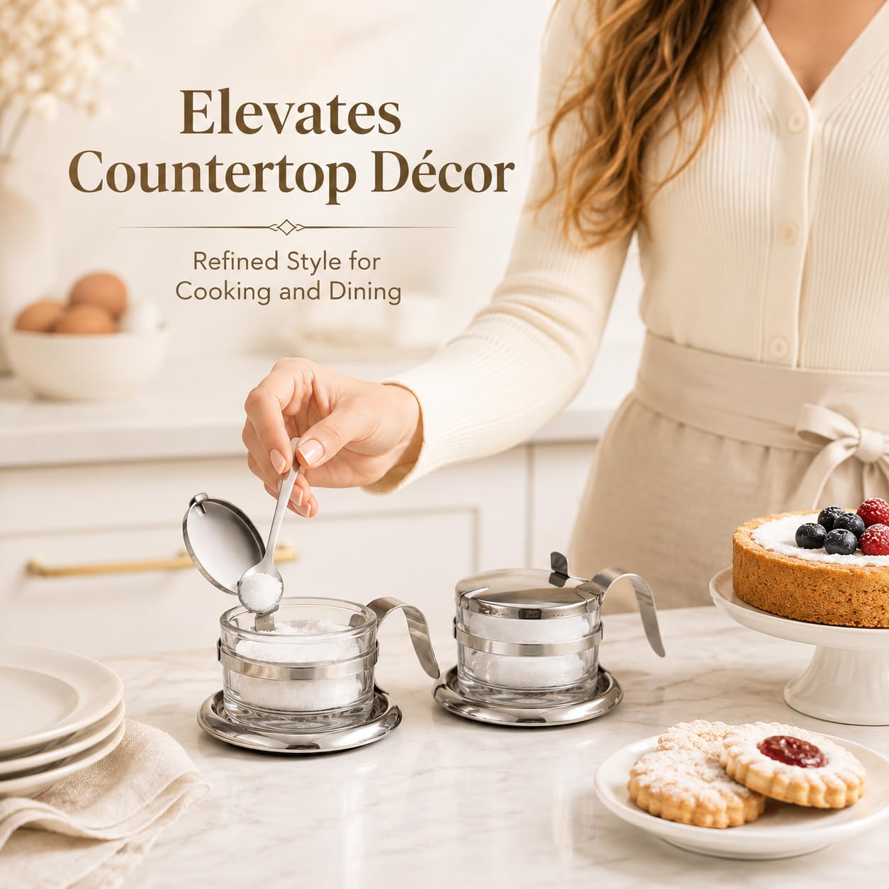 2 PCS Stainless Steel Salt Server with Spoon, Glass Salt Cellar for Countertop, Heavyweight Seasoning Jar Set with Flip Lid, Elegant Sugar Pepper Container for Home Kitchen Baking Station