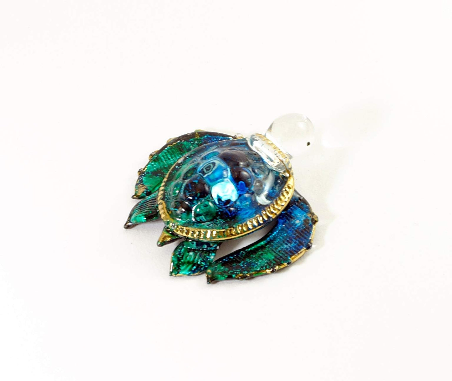 Handmade Mini 2" Blown Glass Sea Turtle Figurine Art, Cool Stuff, Miniature Animals, Home or Garden Decor Gift Ideas (Ocean Blue with 22k Gold Accents)
