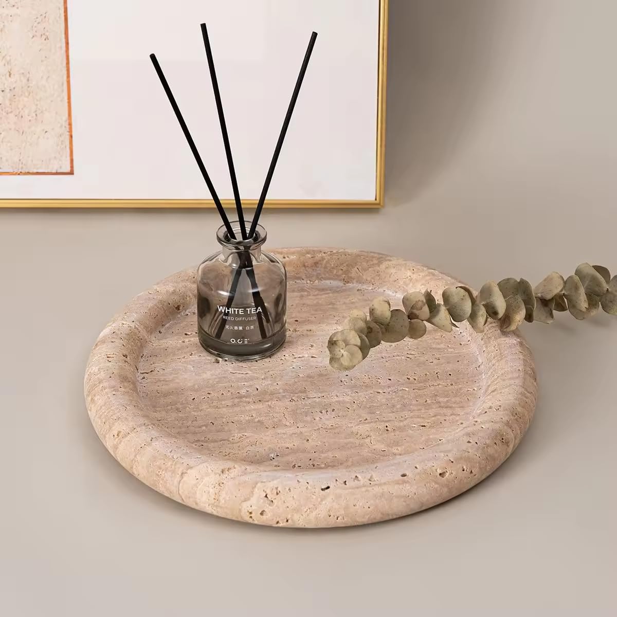 Bursera Luna Travertine Tray, Minimalist Stone Catchall and Decorative Tray for Candles, Jewelry, and Small Objects, Architectural Home Décor Accent, Natural Travertine Stone