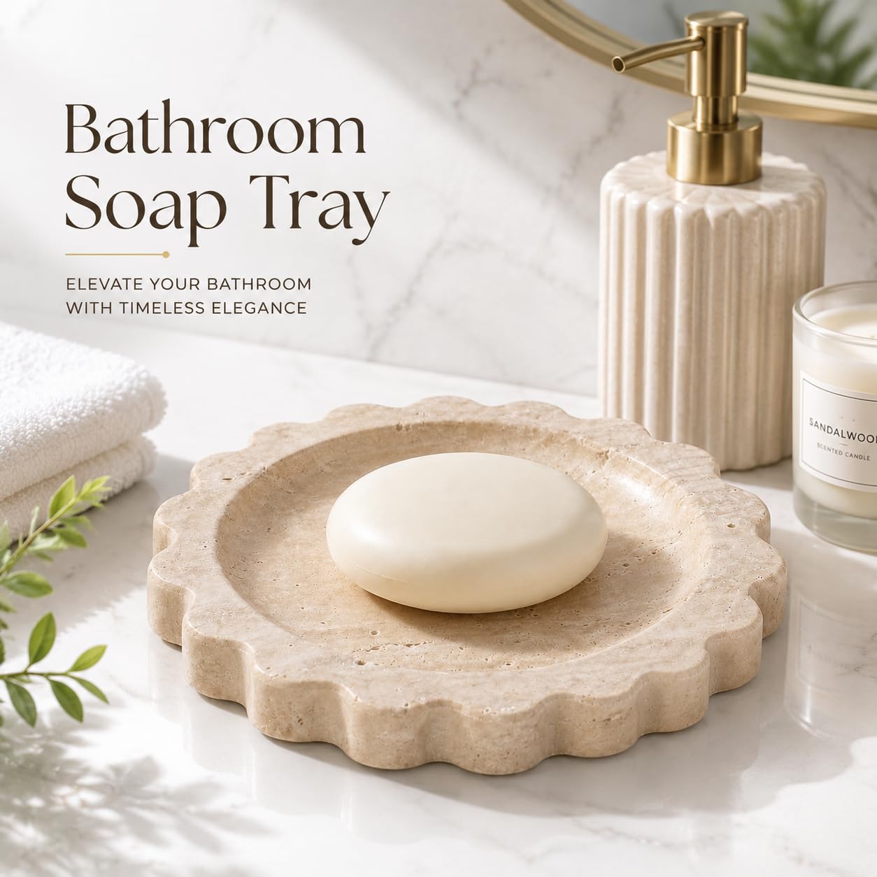 Koville 5.51" Travertine Tray, Natural Stone Trinket Dish for Ring Perfume, Round Scalloped Decorative Tray for Bathroom Vanity Dresser Countertop, Home Table Decor