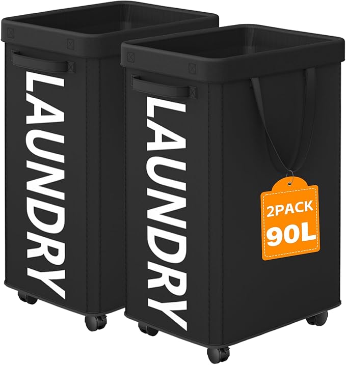 2 Pack Laundry Basket with Wheels, 90L Rolling Laundry Hamper with Wheels