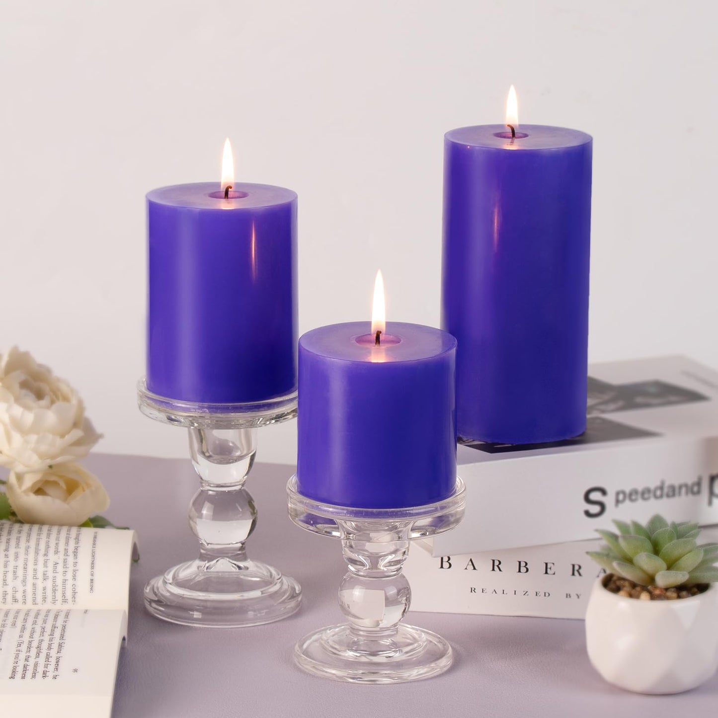 KONNI Violet Pillar Candles Set of 3, 3"x 4" Unscented Pillar Candles Bulk, 39 Hours Long Burning Candles, Smokeless and Dripless Large Round Candle for Wedding, Home Decoration, Parties, Spas, Dinner