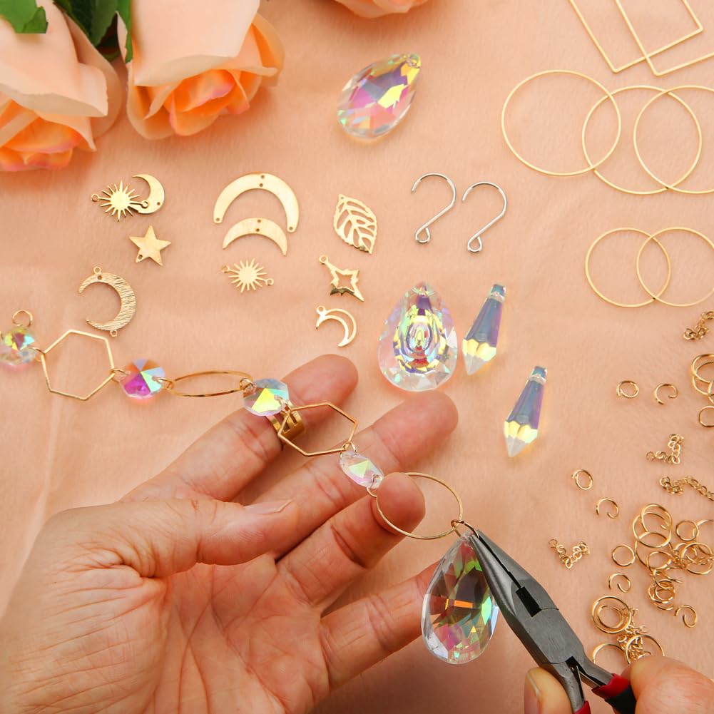 HYBEADS 200 pcs DIY Sun Catchers Making Kits Craft for Adults Crystal Suncatchers Supplies Stained Glass Window Hanging Prism Indoor Outdoor Garden Xmas Decor with Rainbow Maker Pendants Chains