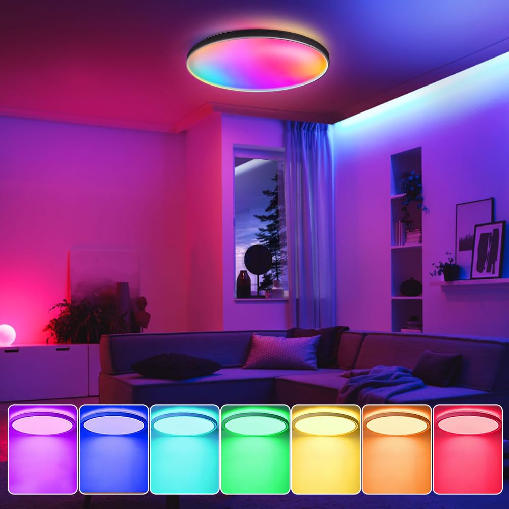 CANMEIJIA LED Ceiling Light IP44, 12 Inch 24W Smart Ceiling Lights RGB Dimmable with Remote Control Bathroom Lights 3000-6500K 2520LM for Living Room Bedroom Kitchen Hallway Round,Black