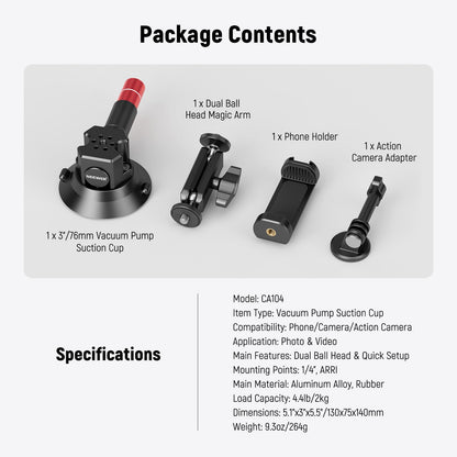 Neewer 3" Suction Cup Camera Mount Bracket with Ball Head Magic Arm, 1/4" ARRI Holes, Quick Release Car Mount with Phone Holder & Action Cam Adapter Compatible with iPhone DJI Insta360, CA104
