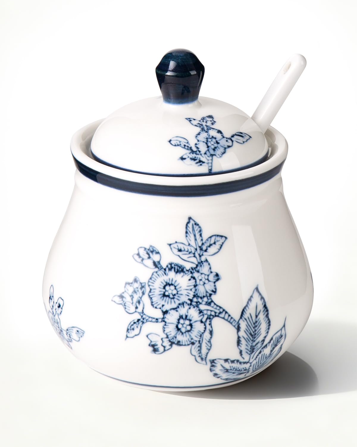 Magclay Ceramic Sugar Bowl with Lid and Spoon, 11Oz Sugar Container for Coffee Bar, Blue and White Sugar Jar/Dispenser, Flowers and Branches